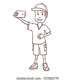 A young man is making a salfi. Hand drawn cartoon vector illustration.