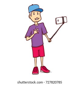 A young man is making a salfi. Hand drawn cartoon vector illustration.