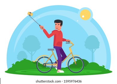 Young man making selfie during morning cycling in green city park. Hipster guy taking photos, shooting video for sports blog, vlog, online channel. Social media network. Vector cartoon illustration