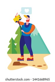 Young Man Making Selfie of Mountain Nature Landscape Background on Smartphone Camera and Post in Social Media Network Tourist Traveling Shooting Places in Hiking Trip. Cartoon Flat Vector Illustration