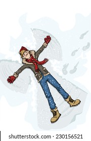 Young Man Making A Snow Angel, Vector Illustration