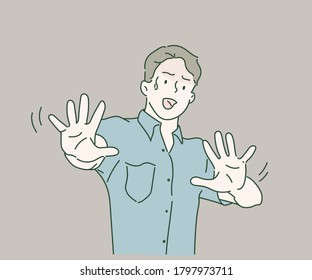 Young man making stop with his hands. Say No!. Hand drawn in thin line style, vector illustrations.