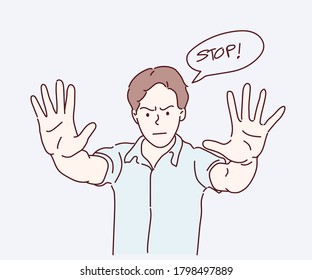 Young man making stop with his hands. Say No!. Hand drawn in thin line style, vector illustrations.