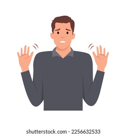 Young man making stop with his hands. Say No or not me. Flat vector illustration isolated on white background