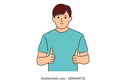 Young man making thumbs up sign with both hands