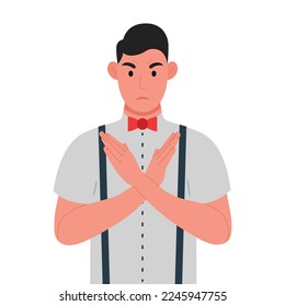 Young man making X shape, stop sign with hands and negative expression Vector illustration.