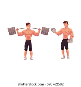 Young man, male bodybuilder, weightlifter working out, training with barbell and dumbbell, cartoon vector illustration isolated on white background. Male bodybuilder with barbell and dumbbells