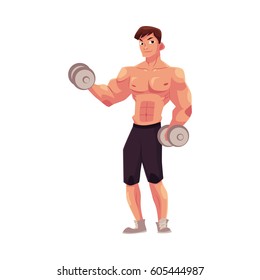 Young man, male bodybuilder, weightlifter doing bicep workout, training arms with two dumbbells, cartoon vector illustration isolated on white background. Male bodybuilder doing bicep workout