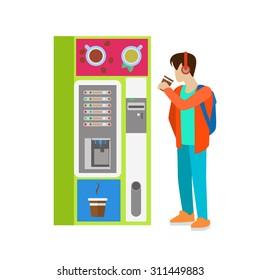 Young man male boy student drink hot beverage cup before coffee automatic machine. Flat people lifestyle situation coffee break. Young creative human vector illustration collection.