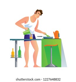 Young man, male character, prepares his meal while standing next to table stand, and pours himself a drink natural juice. Doing household chores, everyday situations. Illustration in cartoon style.