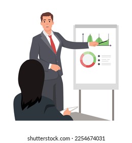 Young man manager employee presenting new business strategy project to higher rank executives or directors board. Flat vector illustration isolated on white background