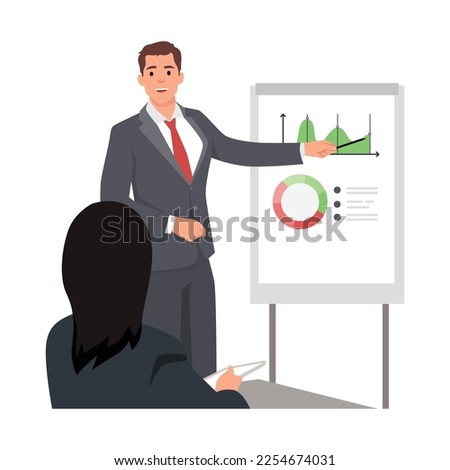 Young man manager employee presenting new business strategy project to higher rank executives or directors board. Flat vector illustration isolated on white background