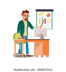 young man manager reporting seasonal sales infographic on meeting cartoon vector. young man manager reporting seasonal sales infographic on meeting character. isolated flat cartoon illustration