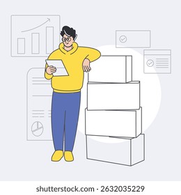 Young man managing inventory with tablet and stack of boxes, flat design warehouse business illustration