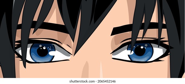 Young Man Manga Anime. Cartoon Face With Blue Eyes Japanese Style.