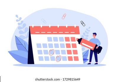 Young man with marker checking events in calendar flat vector illustration. Cartoon office employee planning schedule and agenda. Time management and deadline concept