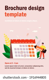 Young man with marker checking events in calendar flat vector illustration. Cartoon office employee planning schedule and agenda. Time management and deadline concept