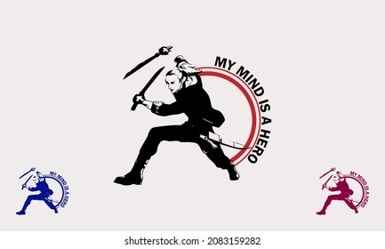 young man with martial arts stance using a sword in a circle background. abstract flat design vector logo icon.