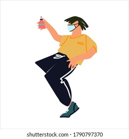 Young man in mask dancing with spray sanitizer. Hand and respiratoty hygiene concept. Antiseptic alcohol rub ad. Covid-19 awareness concept. Vector illustration in flat style