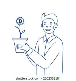 Young man in mask holds pot with plant with Bitcoin. Blue linear silhouette isolated on white. Concept of electronic currency, investment, alternative money, savings. Vector illustration