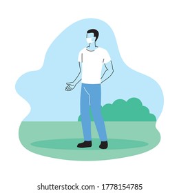 young man with mask in the park vector illustration desing