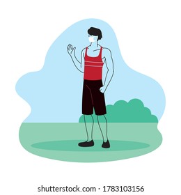 joven con máscara en el diseño de ilustraciones vectoriales del parque