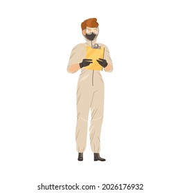 Young Man In Mask And Protective Suit Standing With Clipboard Vector Illustration