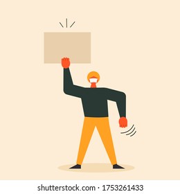 Young man in mask protesting. Young male character standing in mask and holding a banner. Protest concept vector. Vector illustration in modern colorful style.