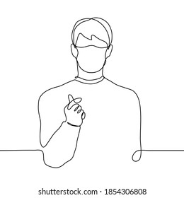 young man in a mask stands showing the shape of a heart with his fingers (thumb and forefinger). one line drawing concept korean gesture "saranhe" which means "i love you".