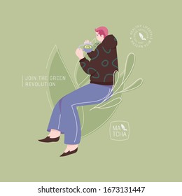 Joven con una taza de té matcha. avatar redondo con emblema de té. El concepto de bebidas saludables y orgánicas.