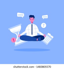 Young man mdeitating at work to deal with stress. Flat style vector illustration.