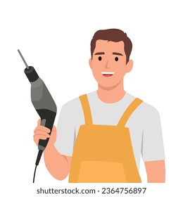 Young man mechanic in uniform holding repairing tools in hands. Happy repairman or engineer with drill. Flat vector illustration isolated on white background