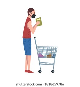 Young Man in Medical Face Mask Standing with Shopping Cart, Guy Shopping Groceries at Mall or Supermarket, Illness Prevention Concept Cartoon Style Vector Illustration on White Background
