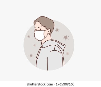 young man in a medical mask is angry. Hand drawn style vector design illustrations.