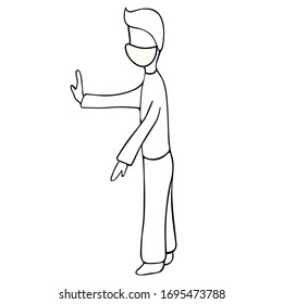 A young man in a medical mask due to an outbreak of Covid-19 coronavirus infection. Vector illustration. Contour on an isolated background. Doodle style. Better to stay at home. No color. Sketch.
