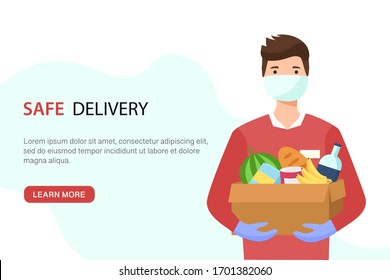 Young Man In A Medical Mask And Gloves Keeps Grocery Box. Safe Food Delivery And Courier Service During A COVID-19 Novel. Vector Online Delivery Concept With Copy Space Isolated On White Background.