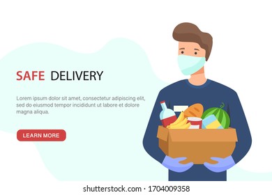 Young man in a medical mask and gloves keeps grocery box. Safe food delivery and courier service during a COVID-19 novel. Vector online delivery concept with copy space isolated on white background.