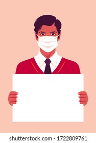 A young man with a medical mask is holding an empty poster. Epidemic, coronavirus. Protesting. Vector flat illustration