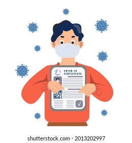A Young Man in a Medical Mask Holds a Certificate of Vaccination Covid-19. Certificate of Vaccination. Health Passport. QR-Code. A Conceptual Vector Illustration about Traveling During a Pandemic