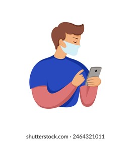 Young man in a medical mask is reading the news on the phone. Flat vector illustration on white background.