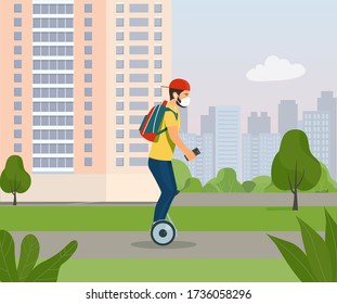 Young man in a medical mask rides on a one-wheeled electric scooter against the background of the city landscape. Vector flat style illustration.