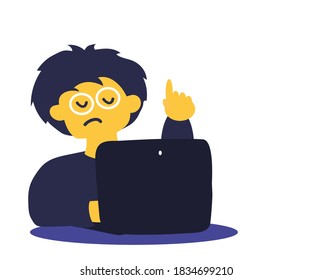 A young man in a medical mask is typing on a laptop. Vector illustration.