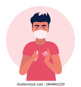 Young man in medical mask used antibacterial spray. Spray bottle in hand. Coronavirus control concept. Vector illustration in a flat style