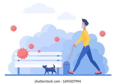 Young man in medical mask walking with dog flat concept vector illustration. Animal owner walks with his pet in public park during quarantine, coronavirus fly in air, covid-19 concept