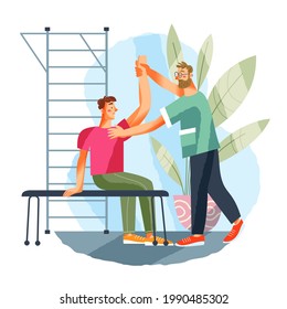 Young man in medical rehabilitation and physical therapy centre. Guy in recovery doing exercises, physiotherapy vector illustration. Therapist helping in rehab healthcare.