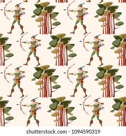 Young Man In Medieval Costume, Shooting A Bow And Arrow. Robin Hood. Seamless Background Pattern. Vector Illustration