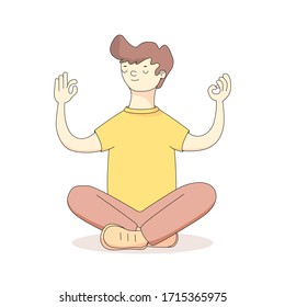 a young man meditates in the Lotus position.Harmony, relaxation, spiritual energy. vector illustration in cartoon style.flat illustration.isolated on a white background. banners,articles and t-shirts