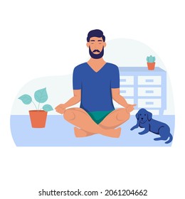 A young man meditates. Sports at home, a healthy lifestyle, quarantine. Flat vector illustration