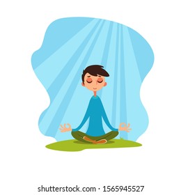 Young man meditating in a flood of light. Guy relaxes against a cloudless sky. Emotional condition. Vector illustration with cartoon character. Soul balance.