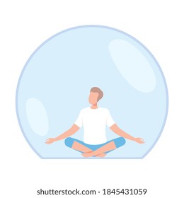 Young Man Meditating Inside Transparent Bubble, Separation from Society or Solitude Concept Flat Style Vector Illustration